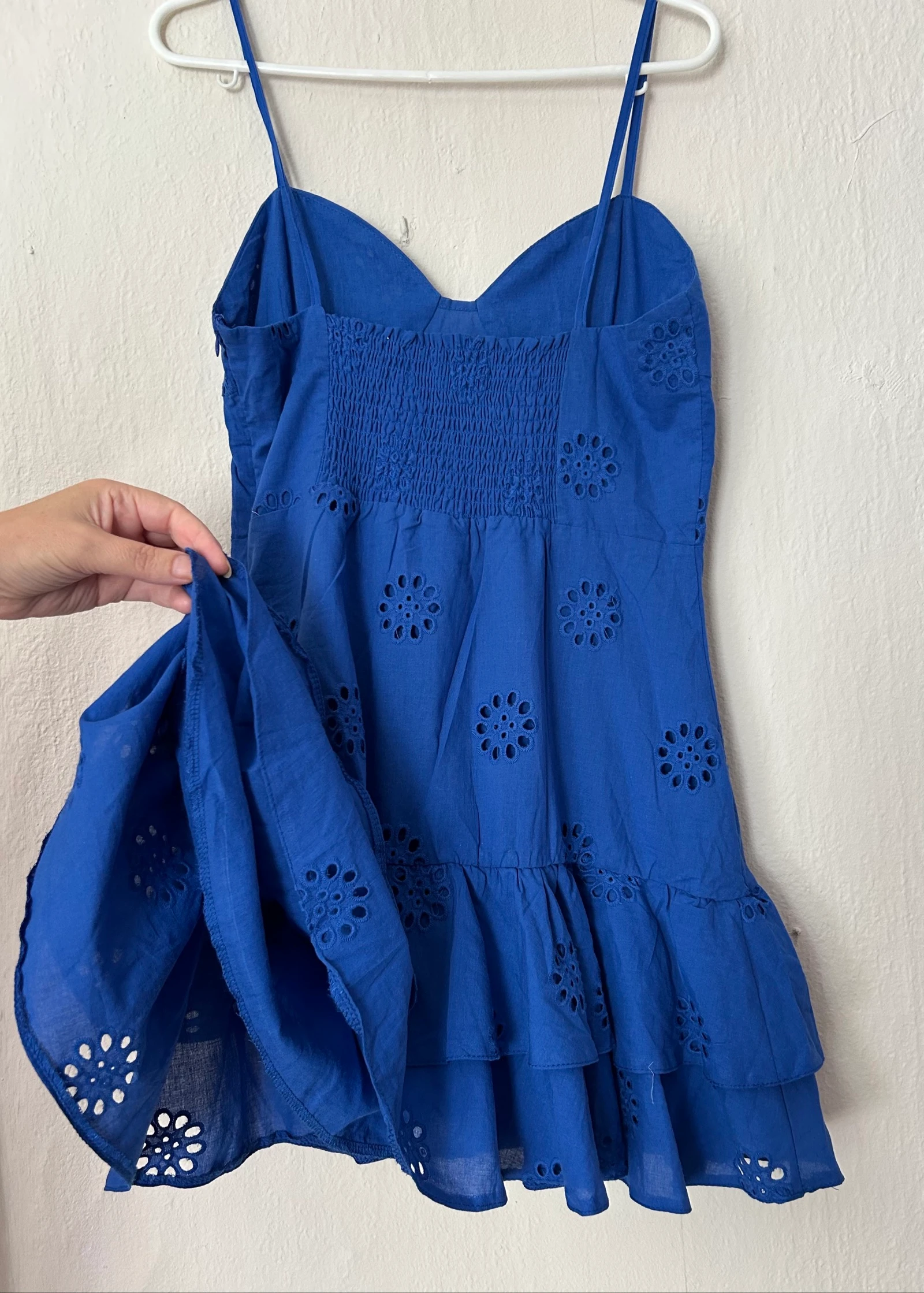 Cobalt blue mini dress with broderie anglaise and ruffle hem